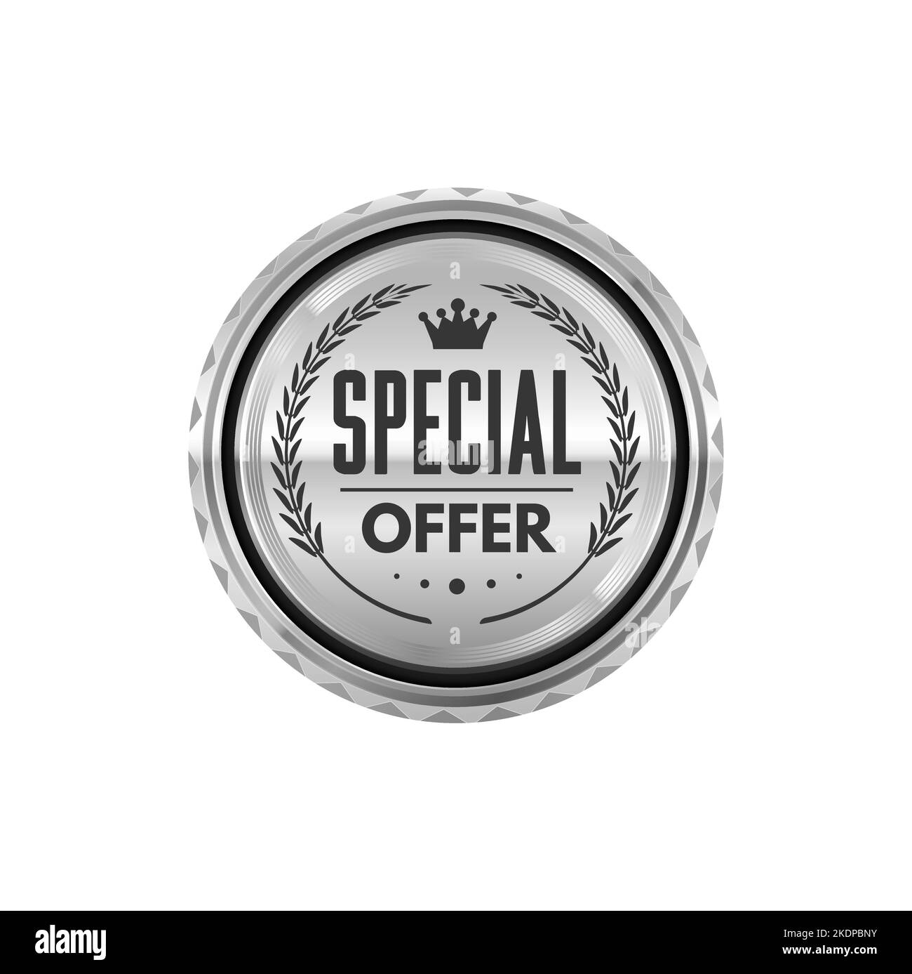 Offerta speciale badge argento e etichetta di vendita del negozio. Negozio vendita etichetta o simbolo metallo lucido, prodotto pubblicità segno metallo, logo vettore argento. Store offerta speciale guarnizione in platino con corona di alloro Illustrazione Vettoriale