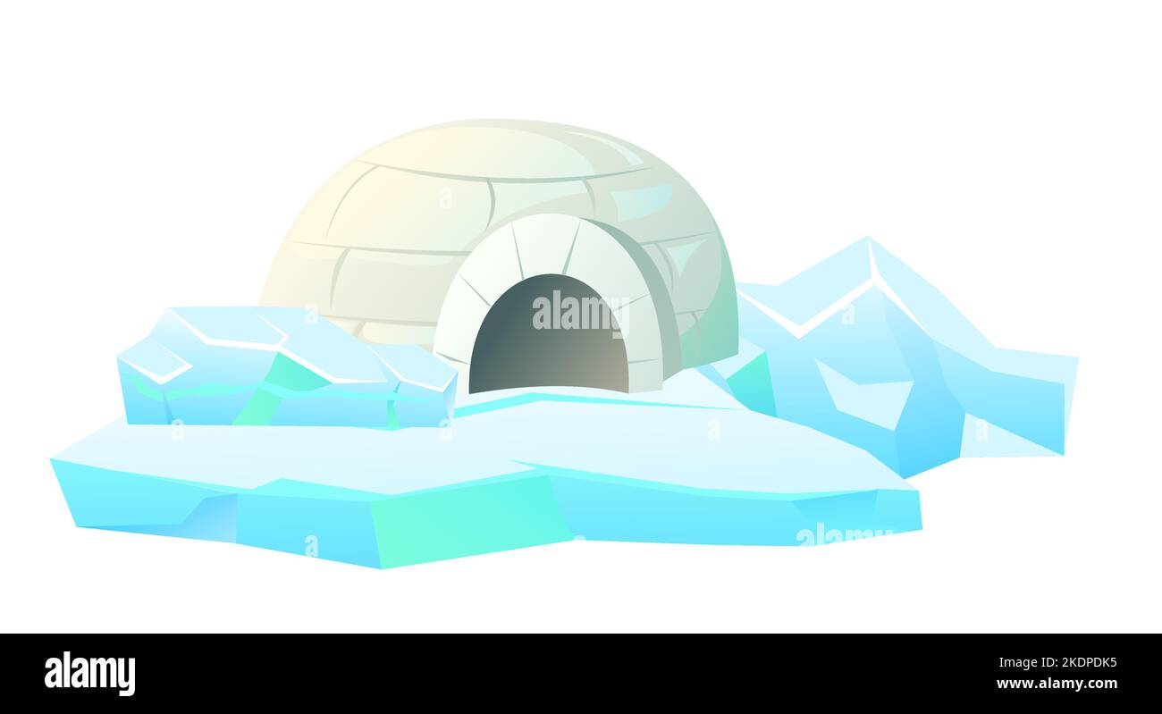 Neve igloo casa su ghiaccio. Dimora di popolazioni nomadi settentrionali nell'Artico. Da ghiaccio e blocchi di neve. Isolato su sfondo bianco. Vettore di illustrazione. Illustrazione Vettoriale