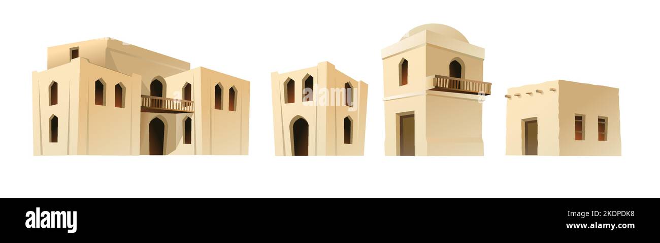 Rifugio arabo in argilla. Medio Oriente adobe abitazione. Africa e Asia casa tradizionale. Isolato su sfondo bianco Vector. Illustrazione Vettoriale