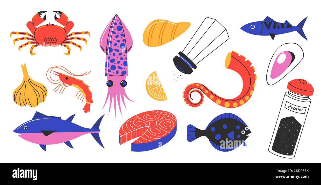 Doodle frutti di mare animali. Cartoon ostriche gamberi polpo aragosta tonno crostacei prodotti per ristorante menu pesce mercato banner design. Vettore isolato Illustrazione Vettoriale