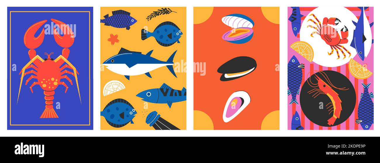 Poster minimalistico dei frutti di mare. Astratto cartone animato pesce crostacei elementi per il menu ristorante sfondo design, banner alla moda semplice. Raccolta vettoriale Illustrazione Vettoriale