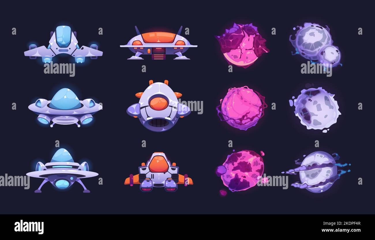 Fantasy pianeti e navi. Cartoon neon astronave e icone cosmiche per 2D game design, spazio fantasy fumetto ufo navette satellite razzo. Vettore Illustrazione Vettoriale