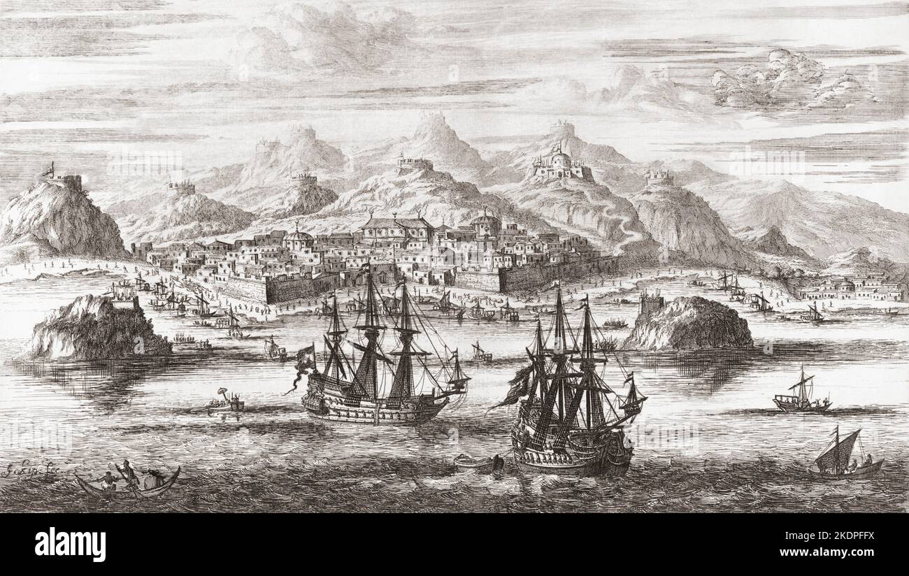 Navi olandesi di fronte alla città fortificata di Muscat capitale dell'attuale Oman. Dopo un lavoro datato 1682 da Johannes Kip. I portoghesi hanno tenuto Muscat per un secolo e mezzo. Sono stati costretti a uscire nel 1650 Foto Stock