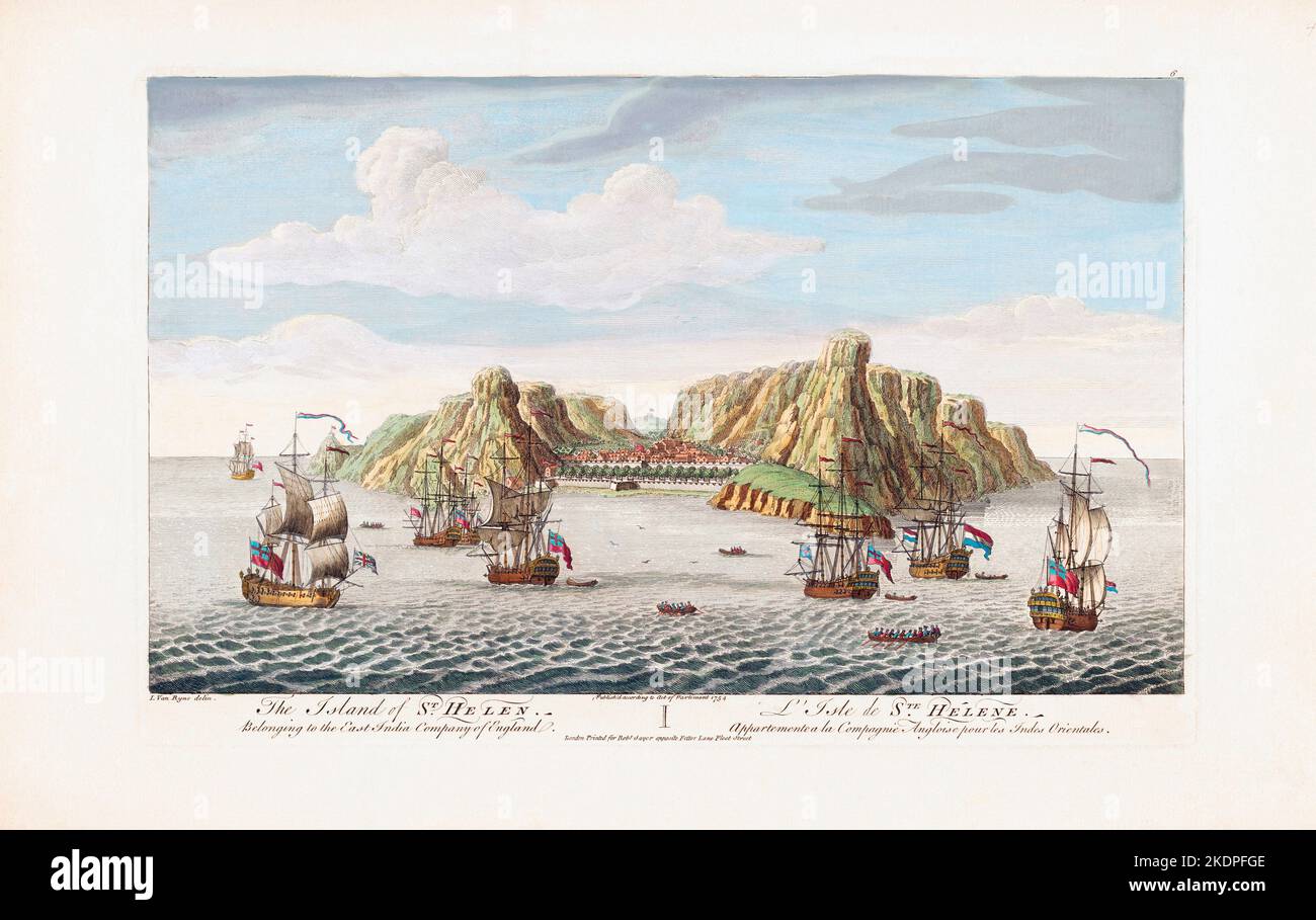 L'isola di Saint Helen. Appartenente alla Compagnia delle Indie Orientali. Sant'Elena fu il luogo in cui Napoleone Bonaparte fu esiliato fino alla sua morte nel 1821. Dal 1821 al 1834 l'isola era in pieno controllo della Compagnia delle Indie Orientali. Dopo il passaggio dell'India Act del 1833, Sant'Elena ritornò alla Corona Britannica. Da una stampa del 18th ° secolo di un artista anonimo dopo un'opera di Jan Van Ryne. Foto Stock