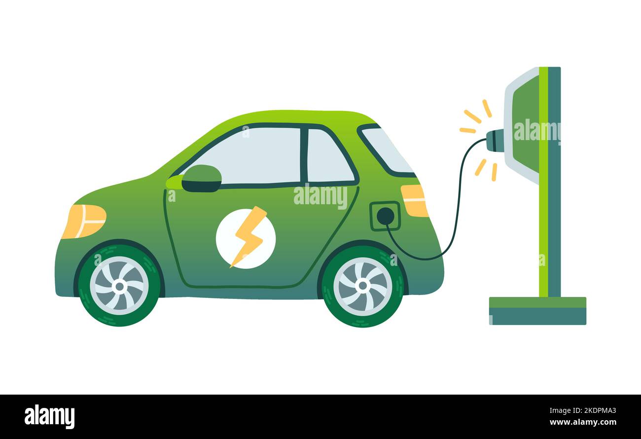 Moderno parcheggio elettrico intelligente per auto suv presso la stazione di ricarica con un cavo di collegamento. Concetto di vettore piatto isolato Illustrazione Vettoriale