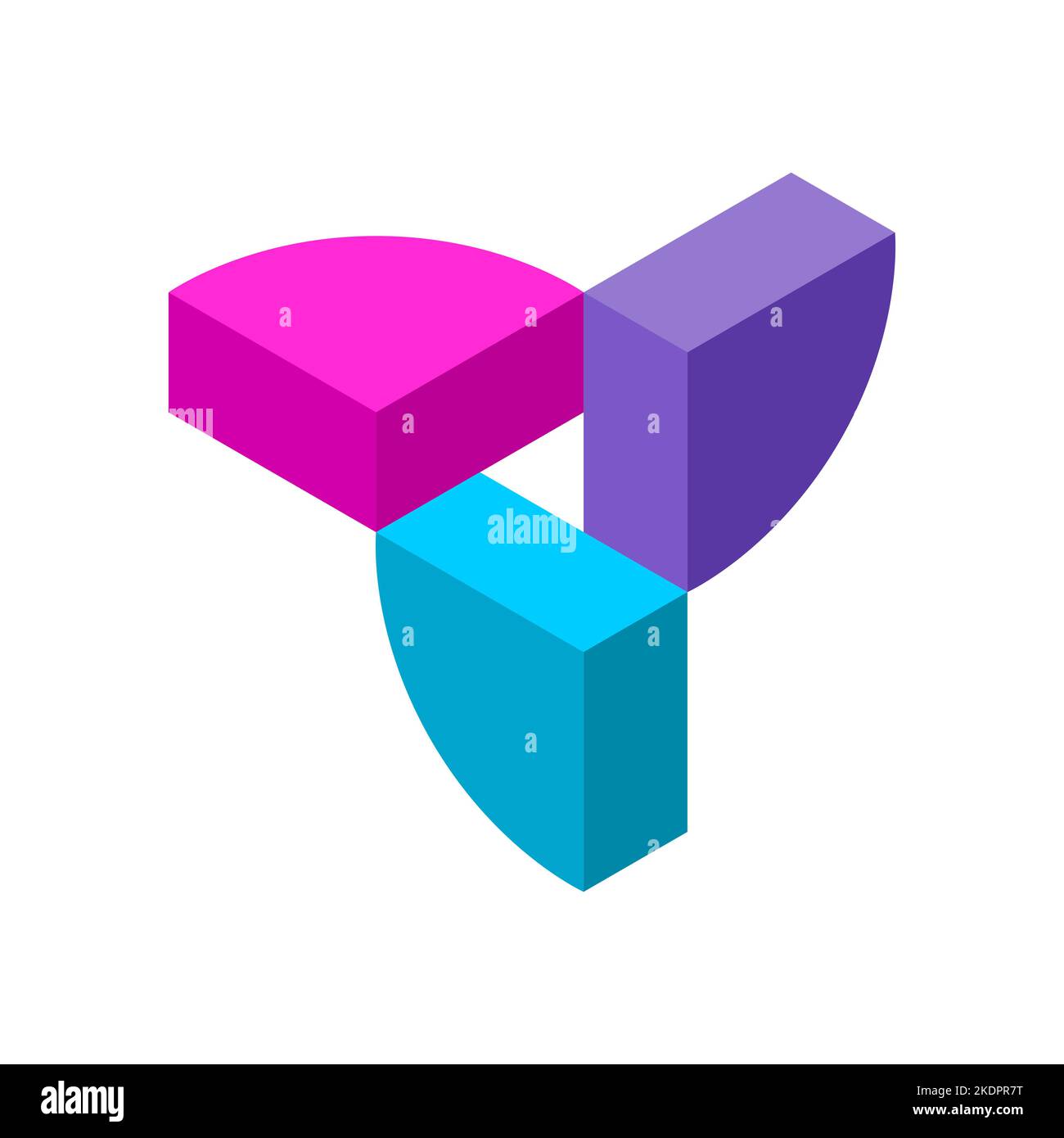 Modello colorato con logo 3D. Quarti di un cerchio intorno alla forma di un triangolo. Gli elementi isometrici rosa, blu e viola fanno un'Unione. Vettore Illustrazione Vettoriale