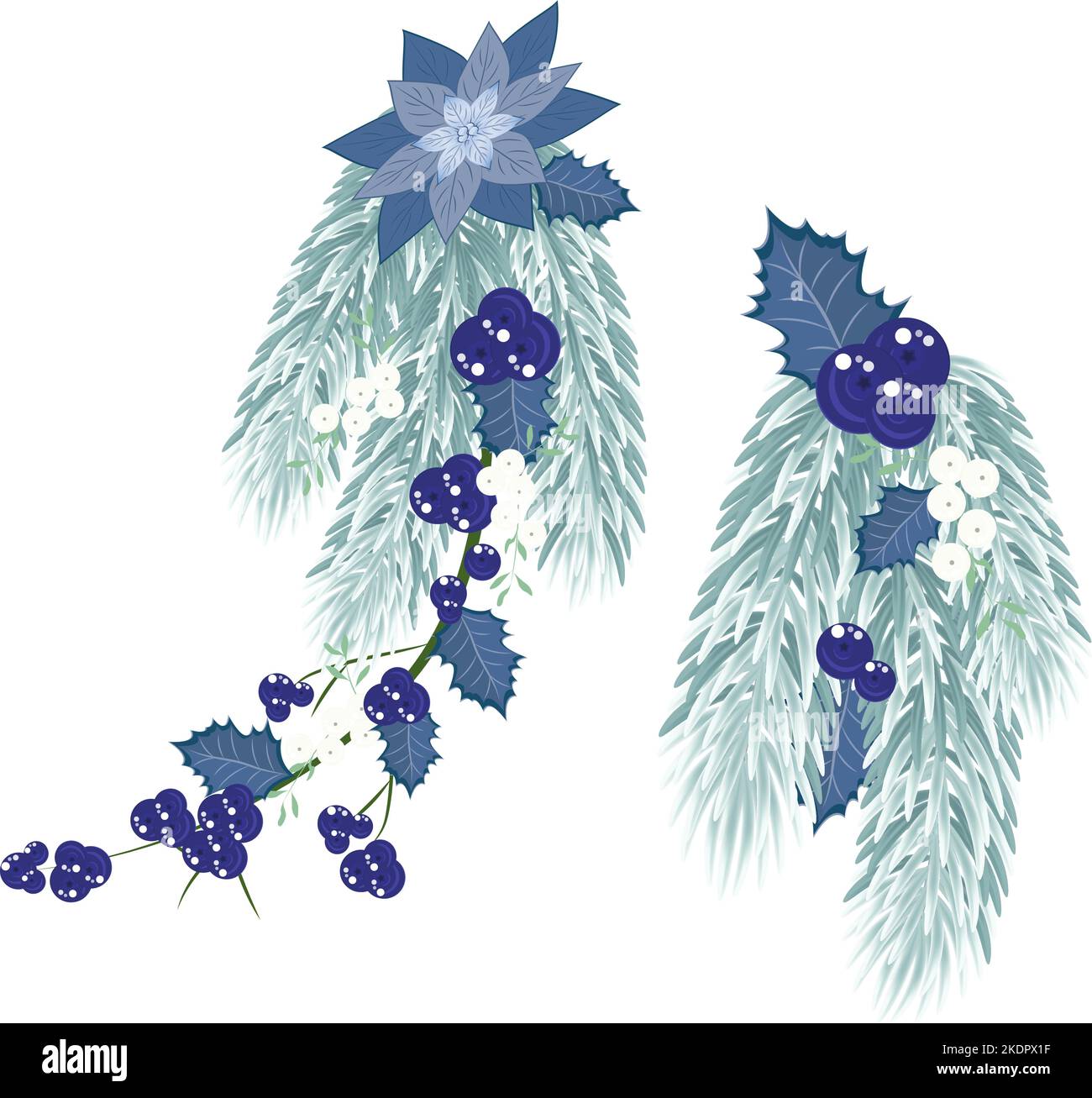 Composizione floreale natalizia, scens pre-fatti con poinsettia blu, vischio e bacche agrifoglio blu. Decorazione per Natale e Capodanno. Vettore il Illustrazione Vettoriale