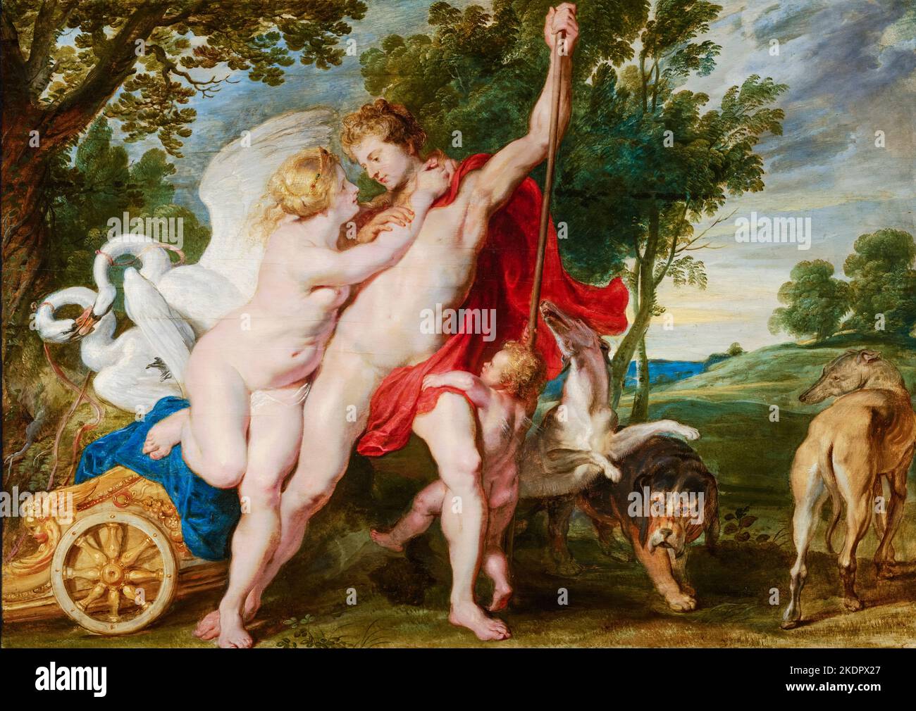 Peter Paul Rubens e officina, Venere cerca di fermare Adonis dalla caccia, pittura in olio su pannello, 1600-1700 Foto Stock