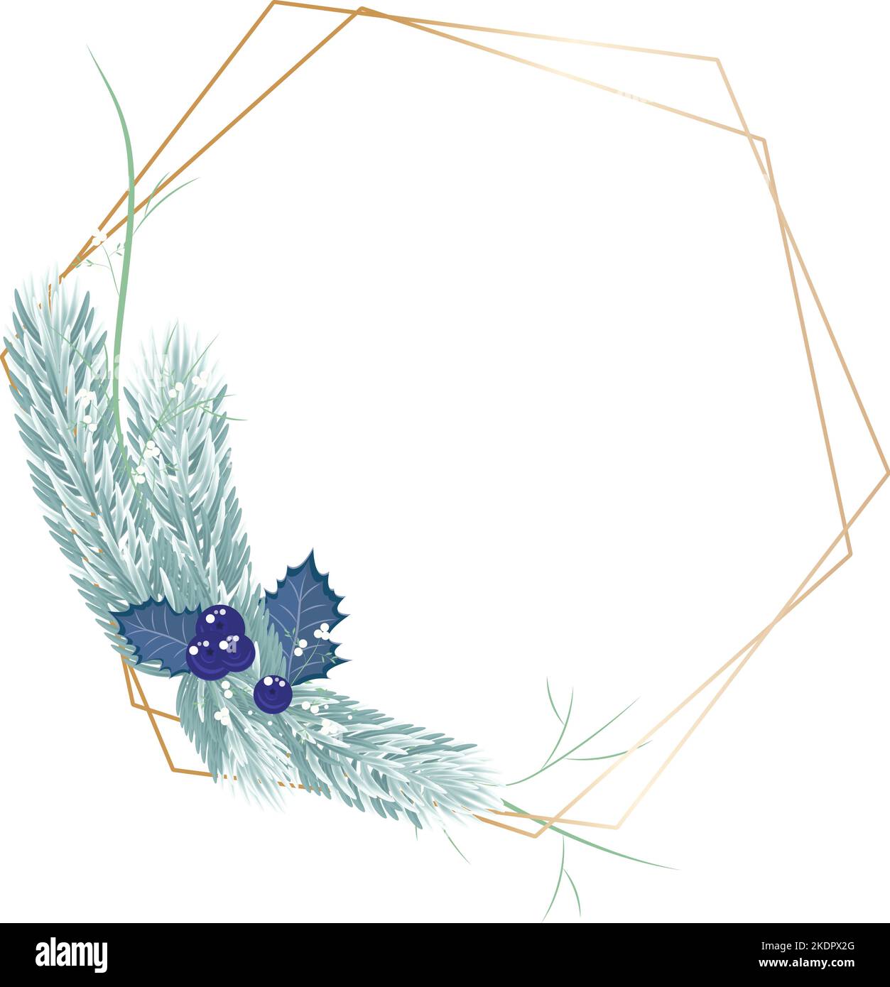 Cornice di Natale con bacche blu e foglie di agrifoglio. Rami di abete blu natalizio e cornice dorata. Illustrazione vettoriale. Illustrazione Vettoriale