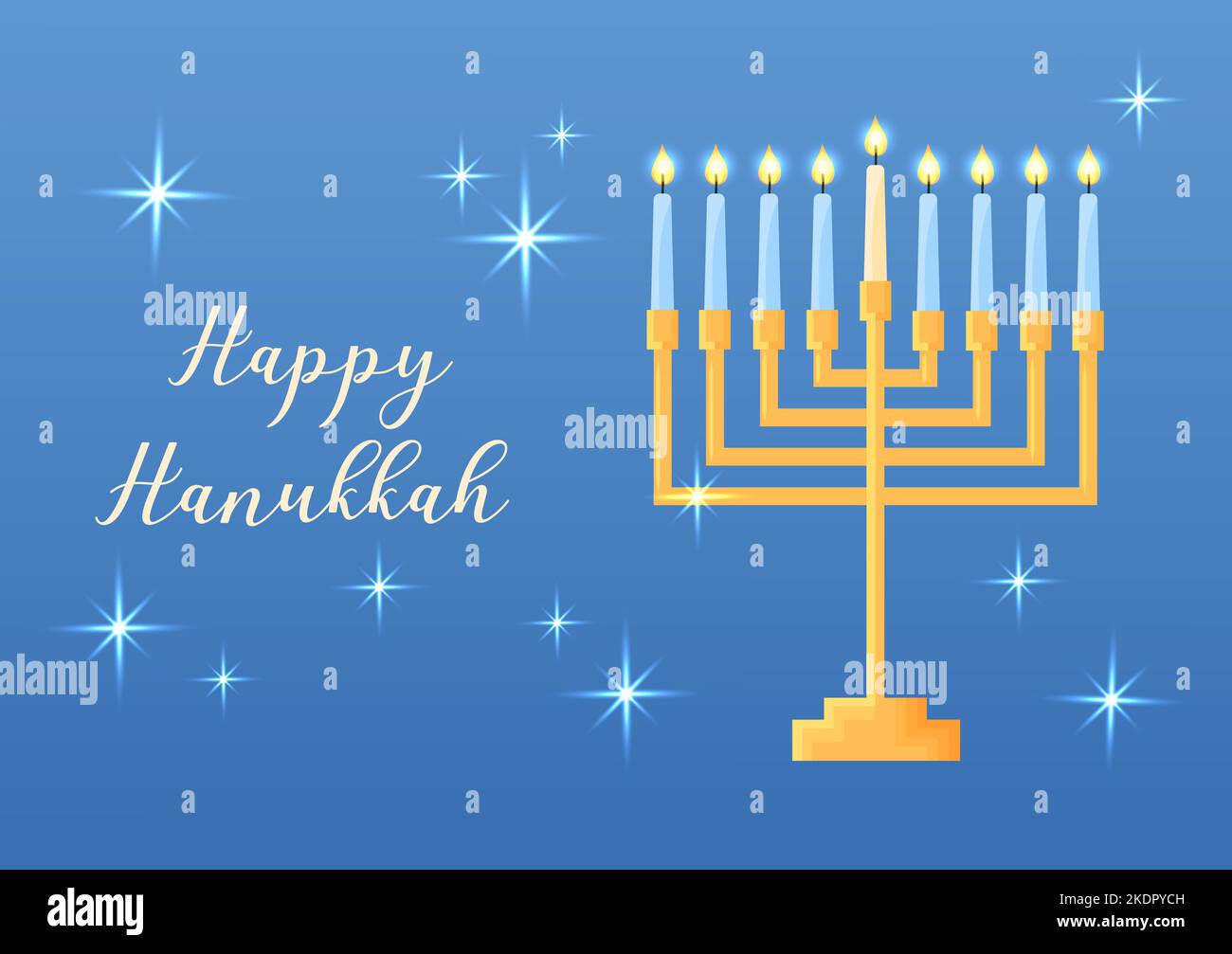 Biglietto d'auguri Hanukkah. Illustrazione vettoriale con tradizionale simbolo di festa religiosa ebraica. Portacandele lucente. Menorah con bando bruciante Illustrazione Vettoriale