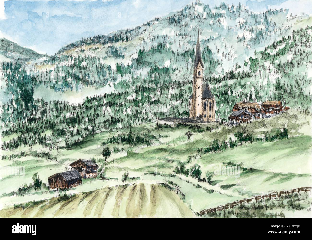 Villaggio di montagna. Carbone e acquerello su carta. Foto Stock