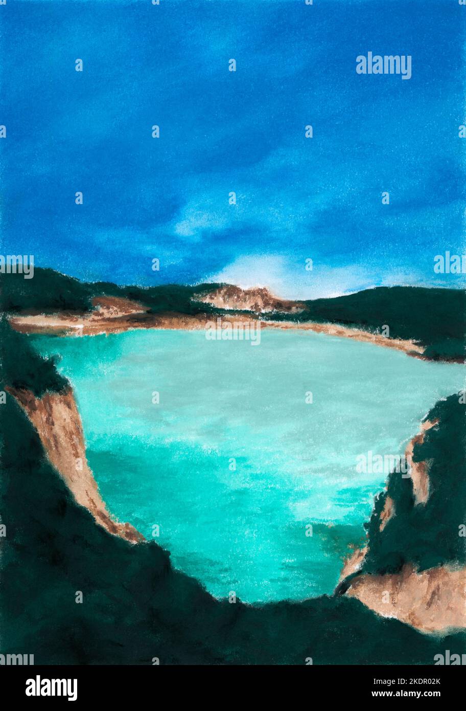 Paesaggio con lago turchese. Pastello morbido su carta. Foto Stock