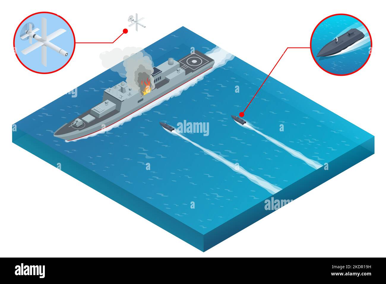 Attacco isometrico di una nave militare da guerra con droni aerei e droni militari di superficie marittima. I droni militari possono essere controllati sia manualmente Illustrazione Vettoriale