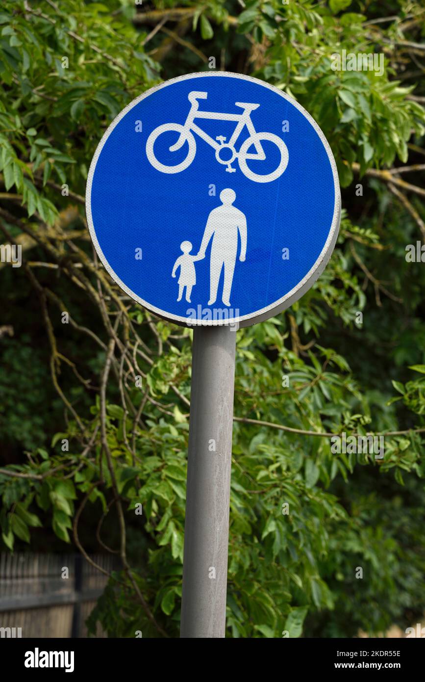 Cartello pedone condiviso e pista ciclabile Foto Stock