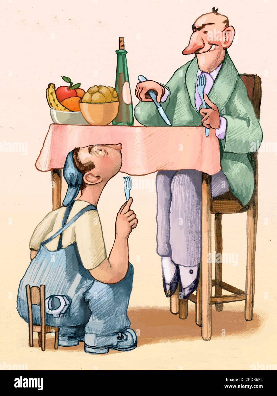 Allo stesso tavolo siede un banchiere con una sedia alla giusta altezza e un lavoratore con una sede che è troppo low.Concept di inequity sociale e impoverishmen Foto Stock