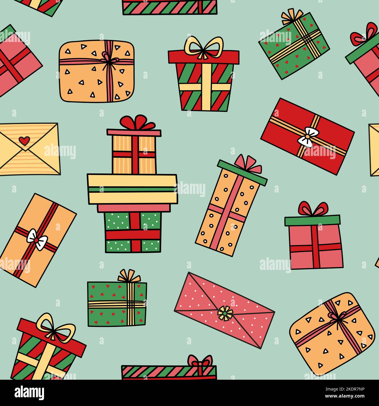 Scatole regalo, presenta senza cuciture pattern vettore icona set. Doodle disegnato a mano. Tessuto di carta colorato. Concetto di shopping di vendita. Compleanno Natale. C Illustrazione Vettoriale