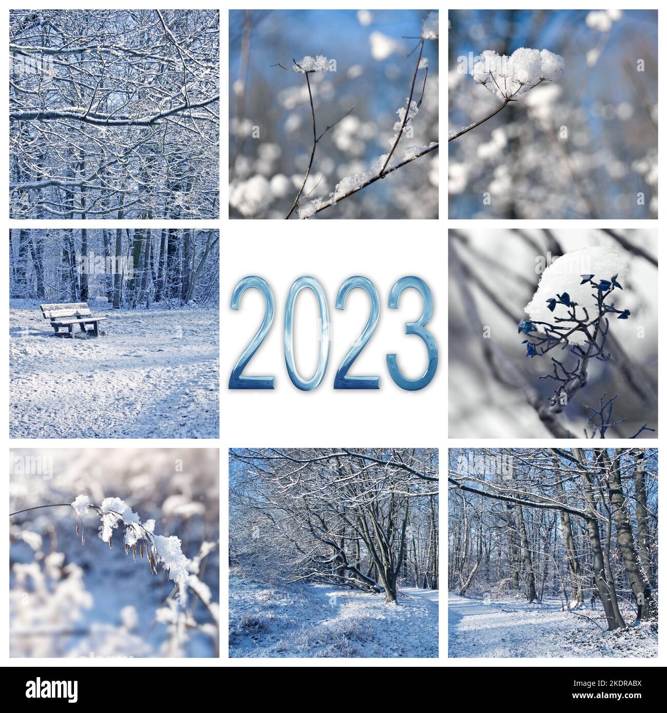 2023, neve e paesaggi invernali, biglietto di auguri per il nuovo anno quadrato Foto Stock