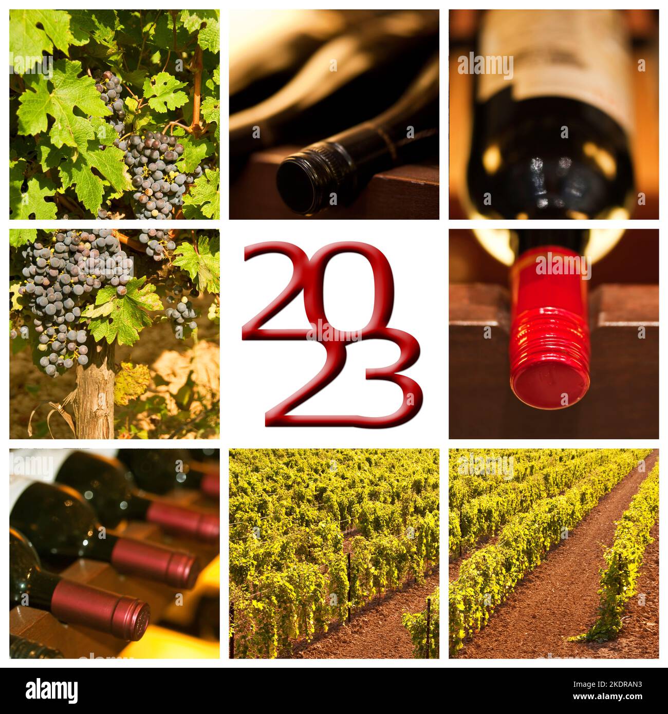2023 biglietto d'auguri per il collage di foto di piazza del vino rosso Foto Stock