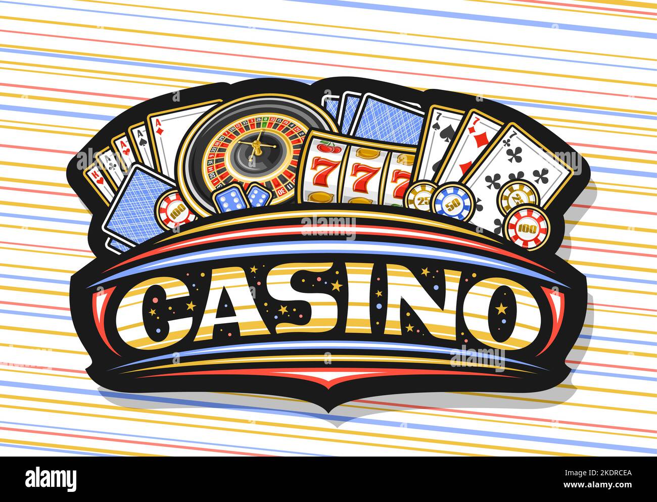 Vector logo per Casino, scurro cartello per il gioco d'azzardo con illustrazione della roulette europea, monete colorate casinò, poker quattro di un genere, blu g Illustrazione Vettoriale