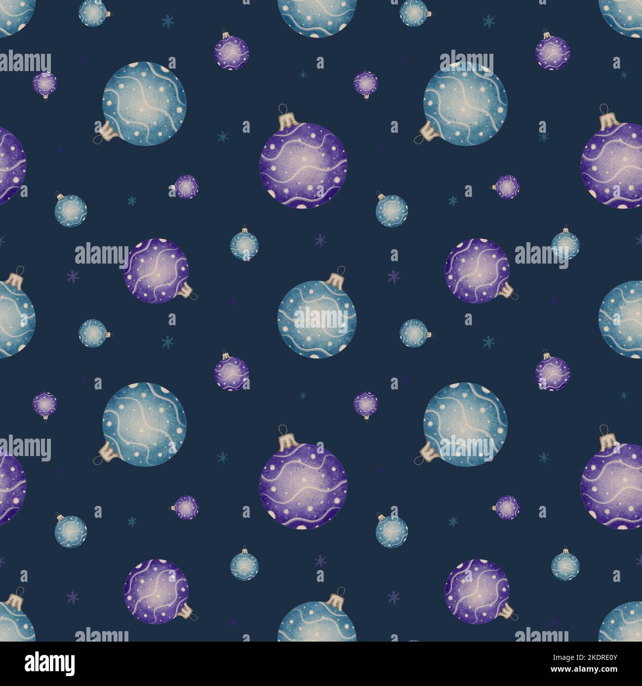 Acquerello senza cuciture modello con decorazioni natalizie. Palline blu e viola. Giocattoli Balls per l'albero di Natale. Buon Natale e felice anno nuovo Foto Stock