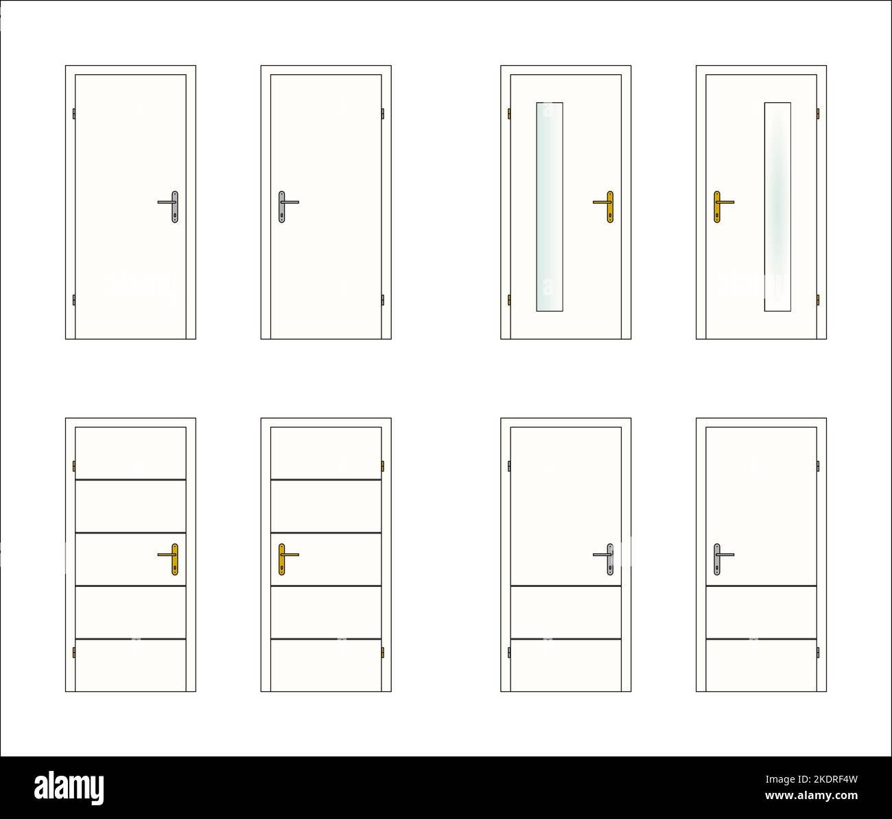 8 porte, bianche, con accessori per porte in vetro, ottone e metallo, vector Illustrazione Vettoriale