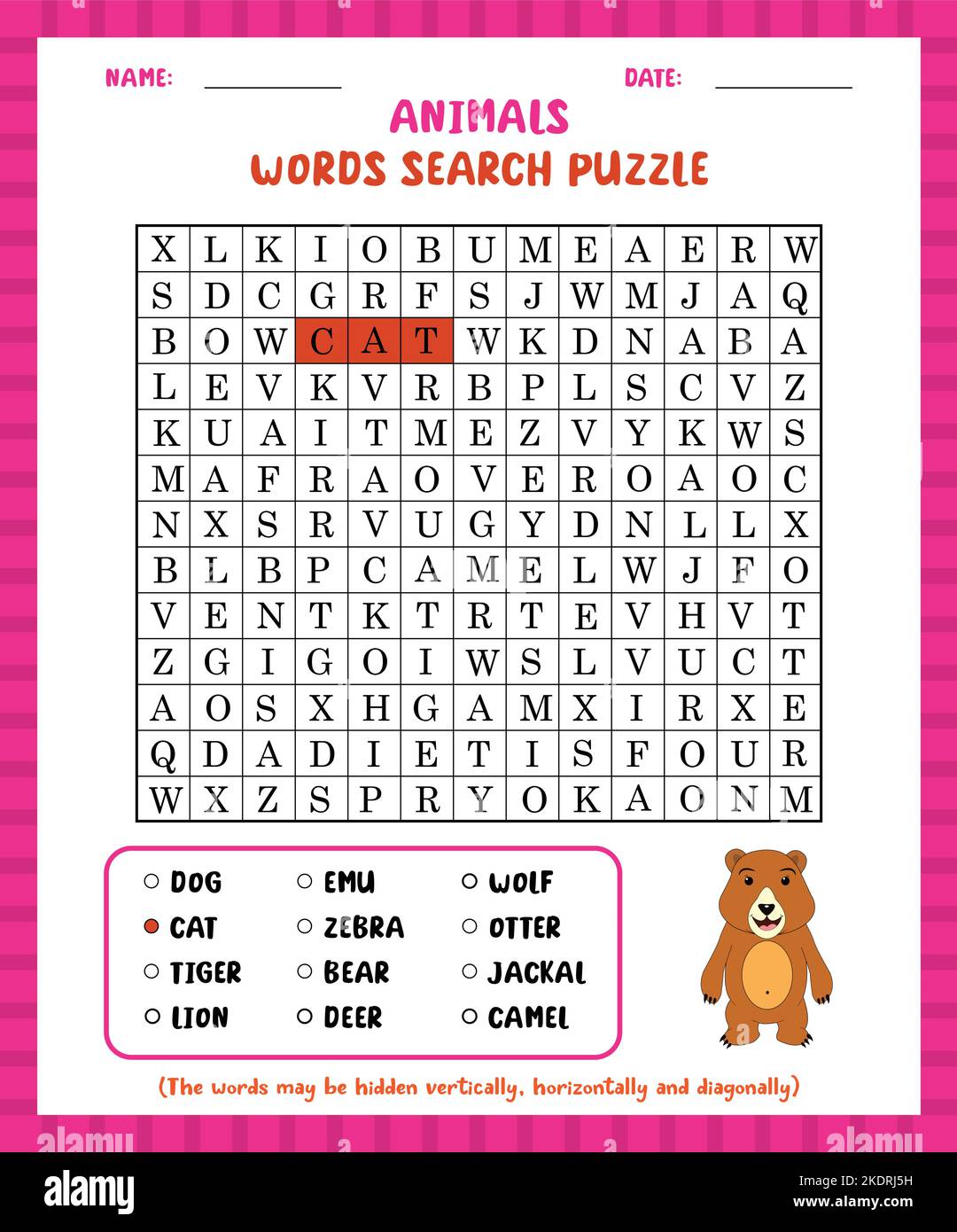 Ricerca parola gioco animali ricerca parola puzzle foglio di lavoro per imparare l'inglese. Illustrazione Vettoriale