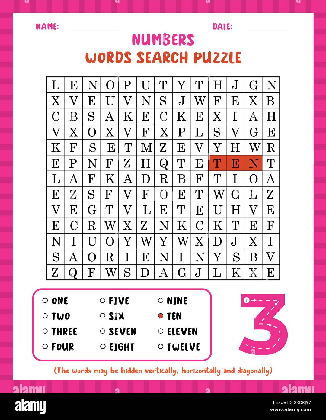 Ricerca parola numeri di gioco ricerca parola puzzle foglio di lavoro per imparare l'inglese. Illustrazione Vettoriale