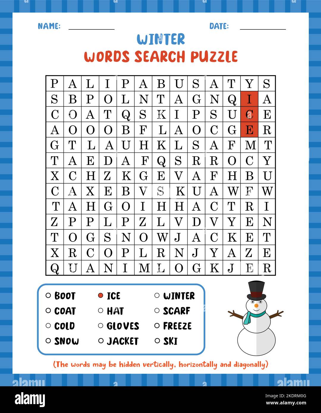 Ricerca parola gioco inverno ricerca parola puzzle foglio di lavoro per imparare l'inglese. Illustrazione Vettoriale