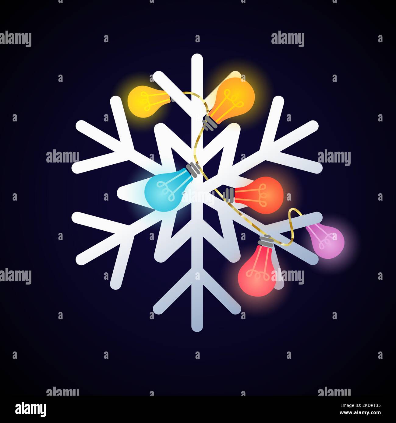 Buon Natale e Un felice anno nuovo decorazione o web icona. Bel fiocco di neve lucido con illuminazione ghirland. I saluti della stagione invernale. Decorativo la Illustrazione Vettoriale