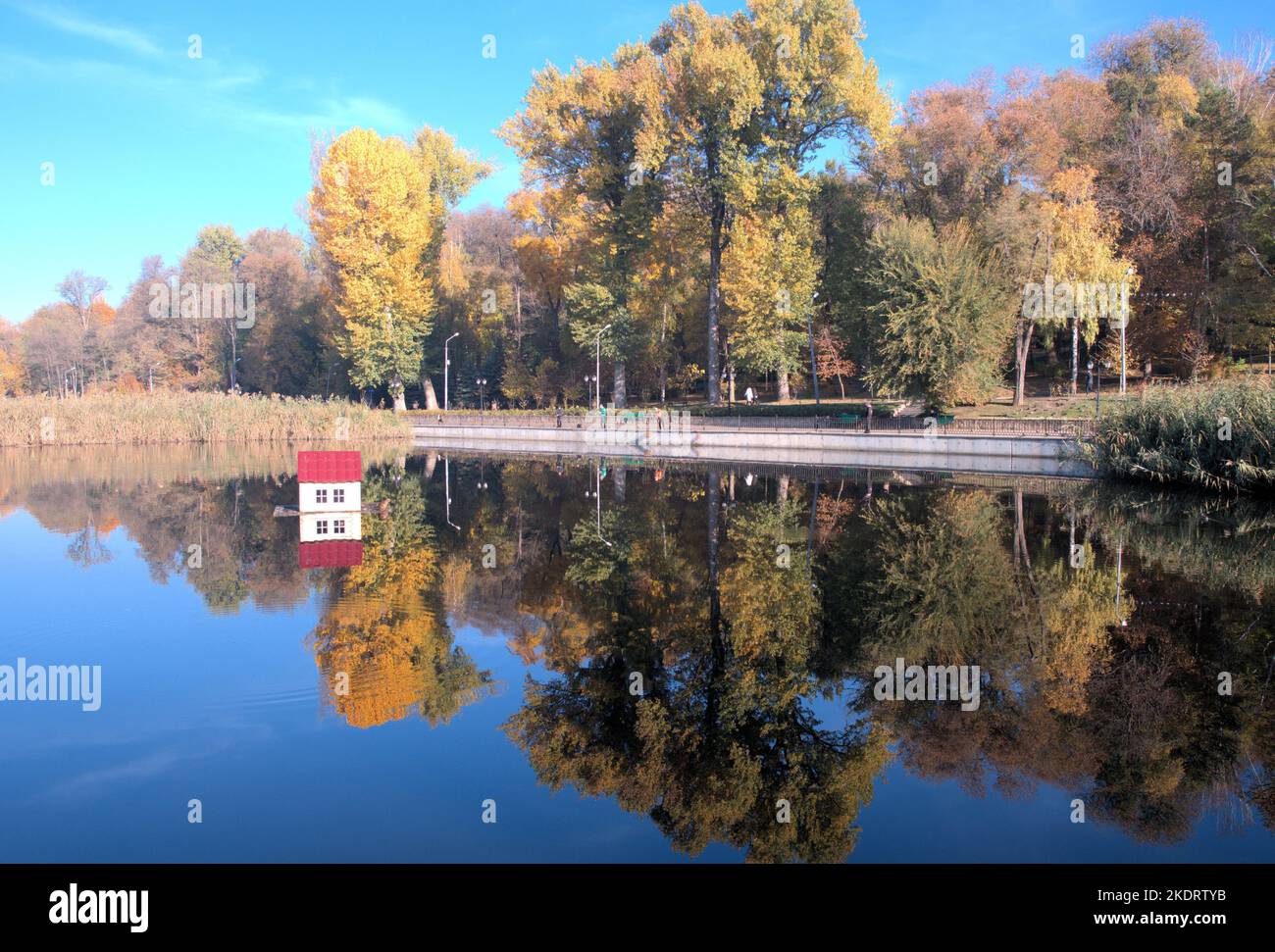 Bel paesaggio naturale acqua blu e cielo denso ispessimenti anatra casa acqua riflessione sfondo Foto Stock