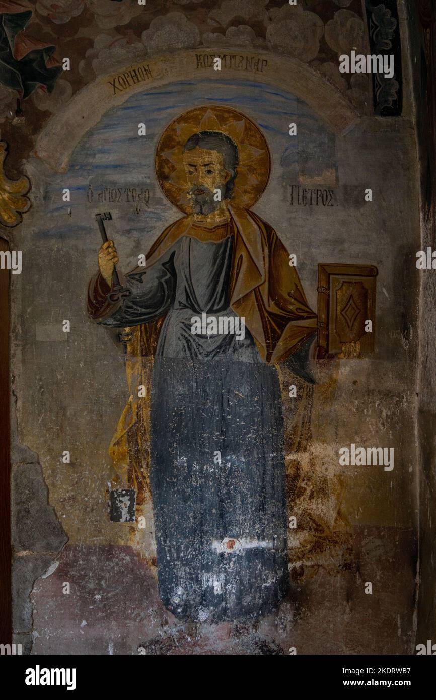 Bachkovo, Bulgaria - 28 ottobre 2022: Murale di affreschi ortodossi cristiani del 14th° secolo sulle pareti del monastero di Bachkovo Foto Stock