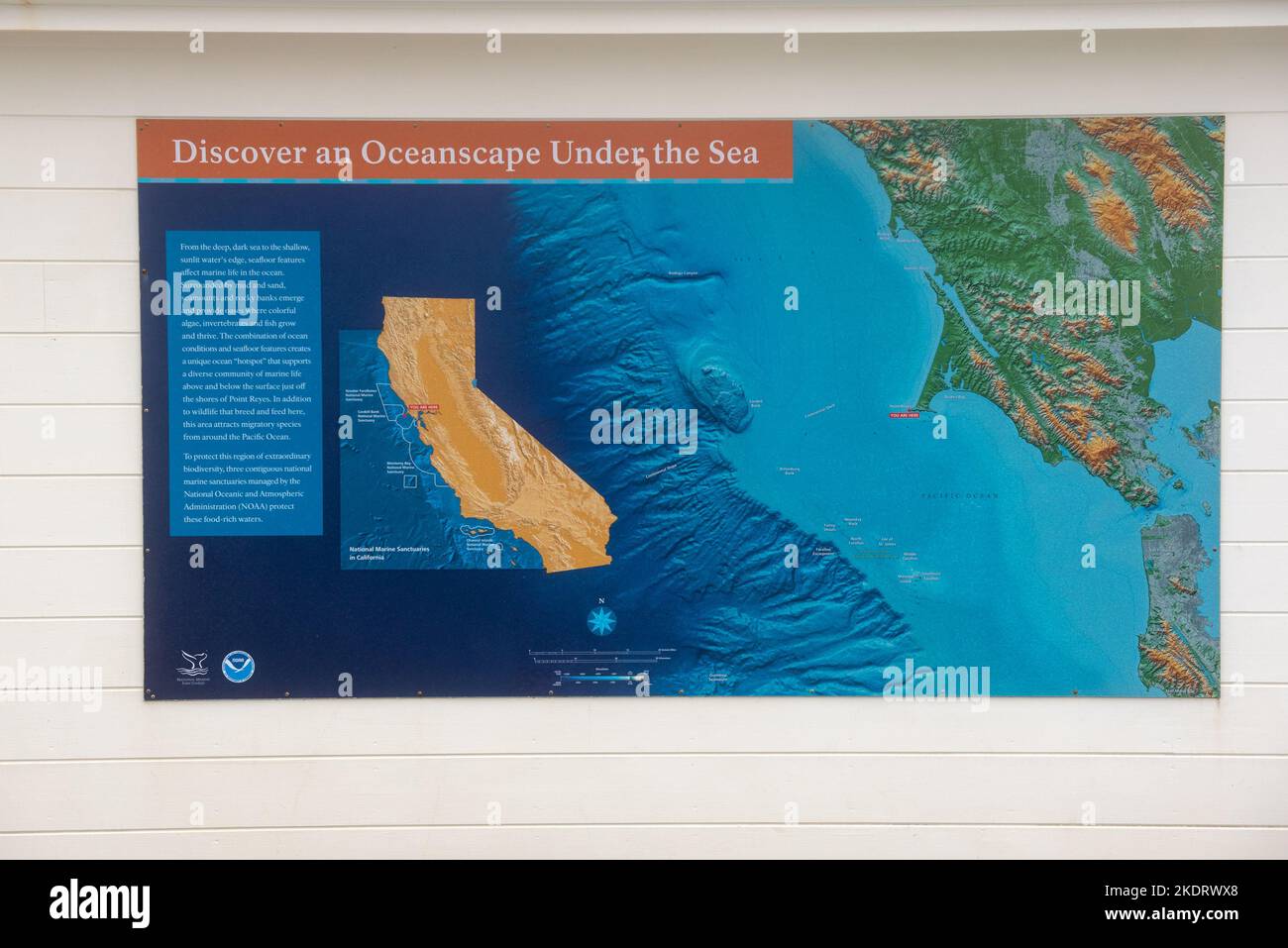 Point Reyes , California, Stati Uniti. 1 maggio 2021. Scopri un paesaggio oceanografico sotto la mappa del mare, una mappa dei parchi nazionali a Point Reyes National Seashore Foto Stock
