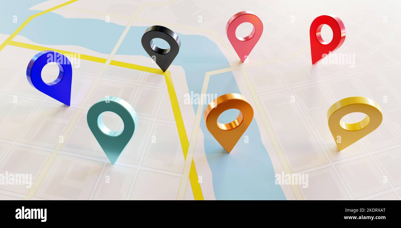 Icone colorate con puntini di posizione sullo sfondo di una mappa, puntatori di navigazione GPS, marcatori di posizione. Rendering 3D. Foto Stock Icone colorate con puntini di posizione sullo sfondo di una mappa, puntatori di navigazione GPS, marcatori di posizione. Rendering 3D. Foto Stock