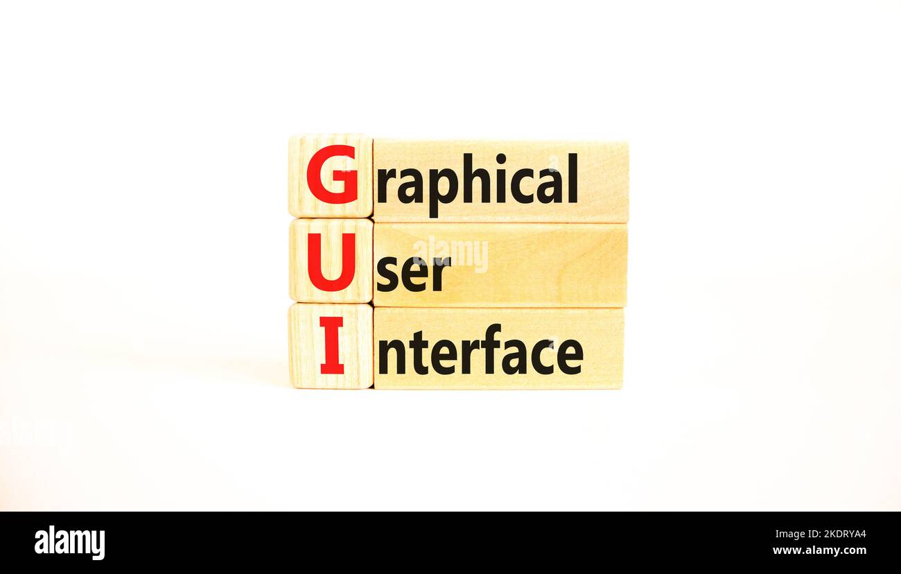 Simbolo dell'interfaccia grafica utente. Interfaccia grafica utente di Concept Words su blocchi di legno su uno sfondo bianco. Business e GUI gra Foto Stock