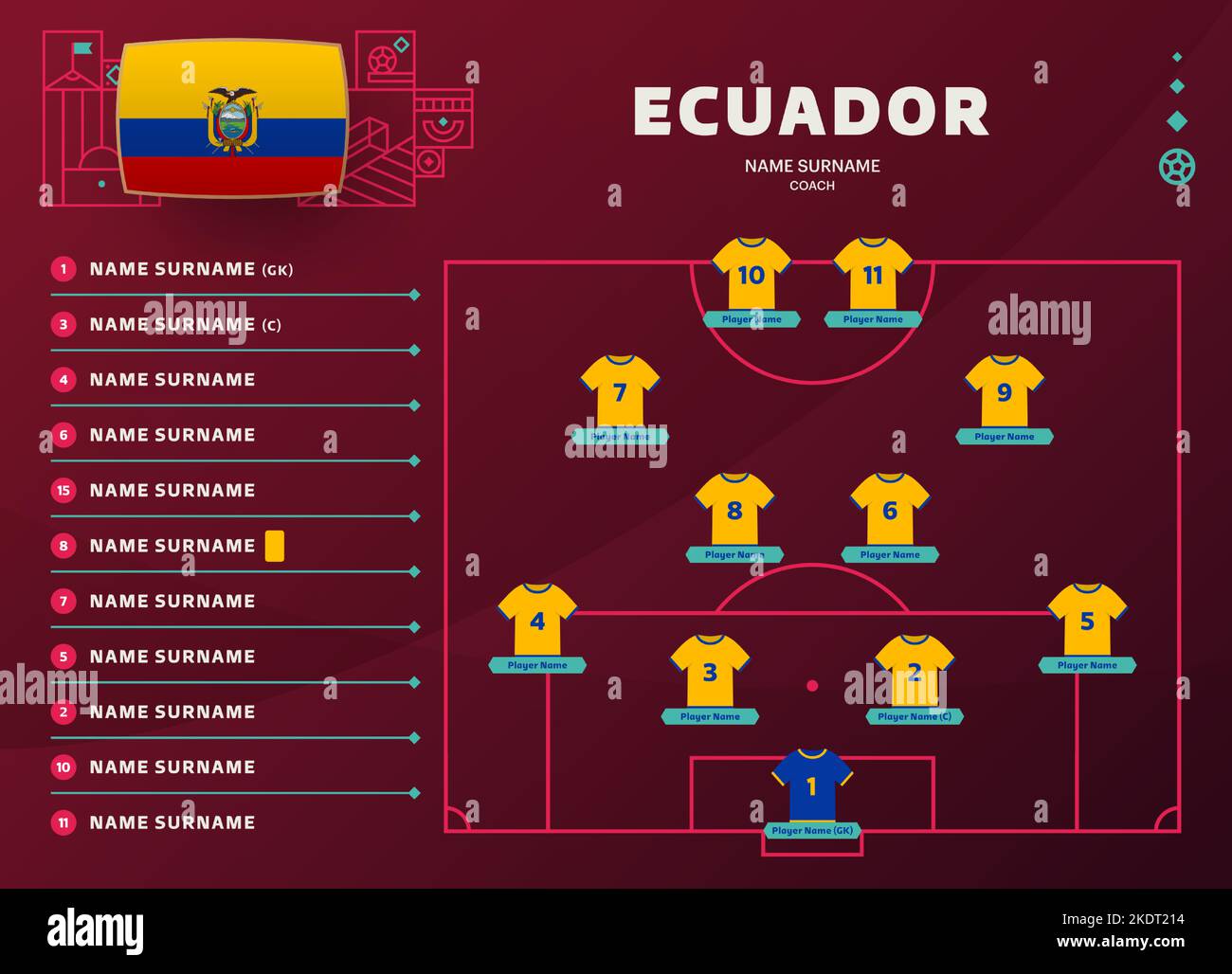 ecuador line-up World Football 2022 torneo finale fase vettore illustrazione. Tavolo di formazione della squadra di campagna e formazione della squadra sul campo di calcio. Calcio Illustrazione Vettoriale