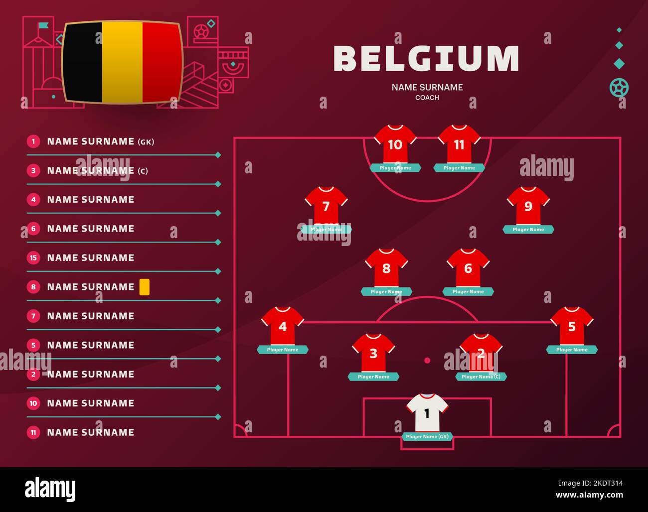 illustrazione vettoriale della fase finale del torneo mondiale di calcio 2022 in belgio. Tavolo di formazione della squadra di campagna e formazione della squadra sul campo di calcio. Calcio Illustrazione Vettoriale