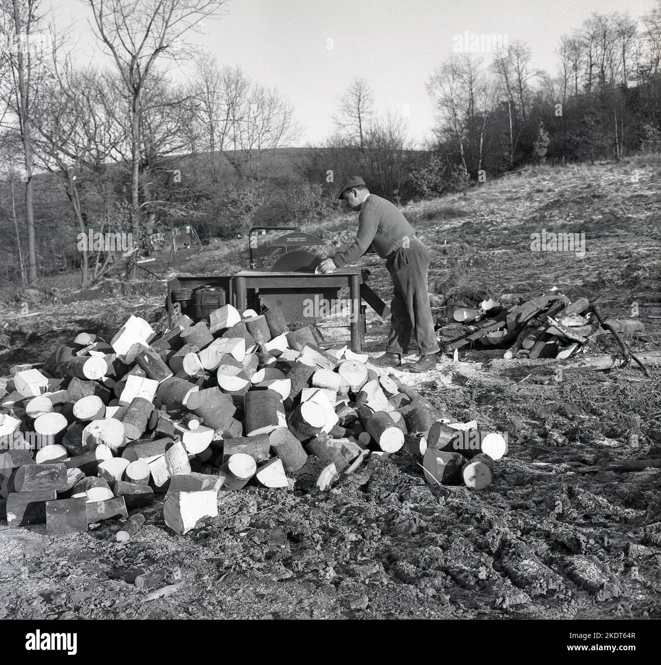 1960s, storico, taglio del legno, produzione di tronchi, utilizzando una macchina da taglio a benzina Multico Master, Inghilterra, Regno Unito. Nome su serbatoi carburante, Lister Foto Stock