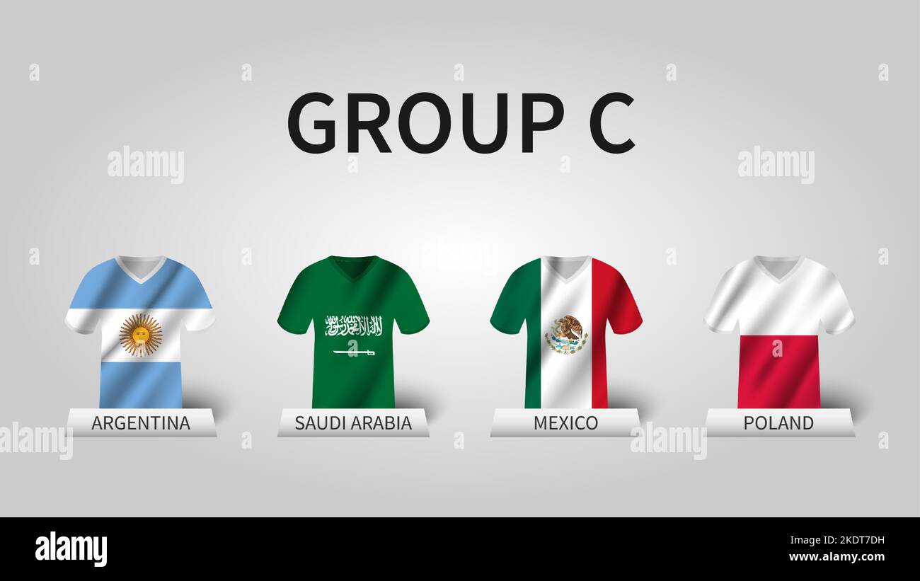 Qatar fifa World Cup torneo di calcio 2022 . Tappe del gruppo C . Maglia ondulata con motivo bandiera nazionale . Vettore . Illustrazione Vettoriale