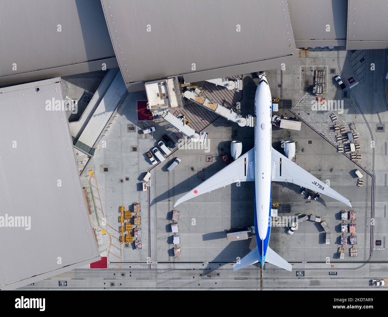 Tutti gli aeromobili Nippon Airways Boeing 777 sono parcheggiati presso il Tom Bradley International Terminal TBIT. Aereo 777-300ER di tutti Nippon, ANA registrato come JA791A. Foto Stock