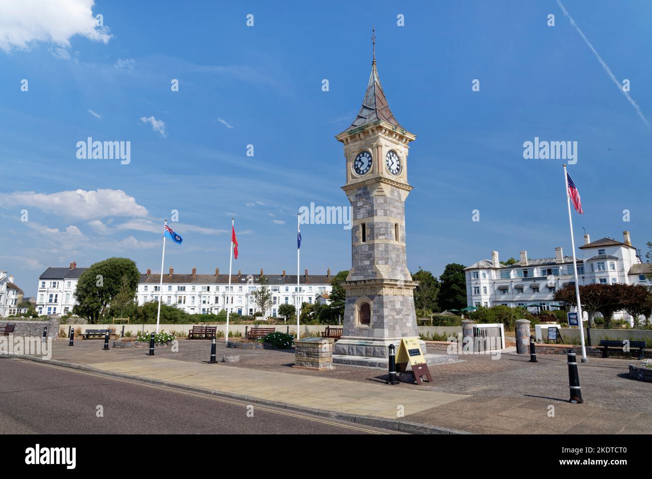 The Jubilee Clock Tower on the Esplanade, Exmouth, Devon, UK, agosto 2022. Foto Stock