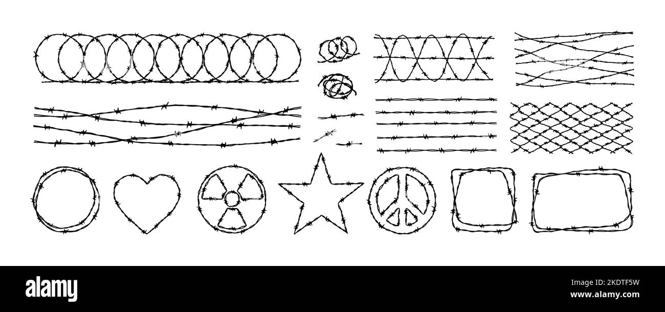 Set di sfondi e cornici per recinzioni in filo metallico. Illustrazione vettoriale disegnata a mano nello stile di schizzo. Elemento di design per militari, sicurezza, prigione, schiavitù c Illustrazione Vettoriale