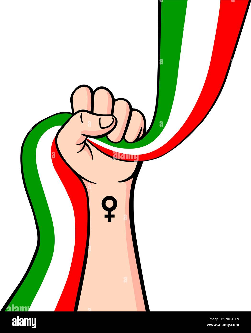 Proteste in Iran poster vettoriale con spazio copia. Solidarietà con le donne iraniane. Modello per sfondo, banner. Illustrazione manuale con bandiera. Illustrazione Vettoriale