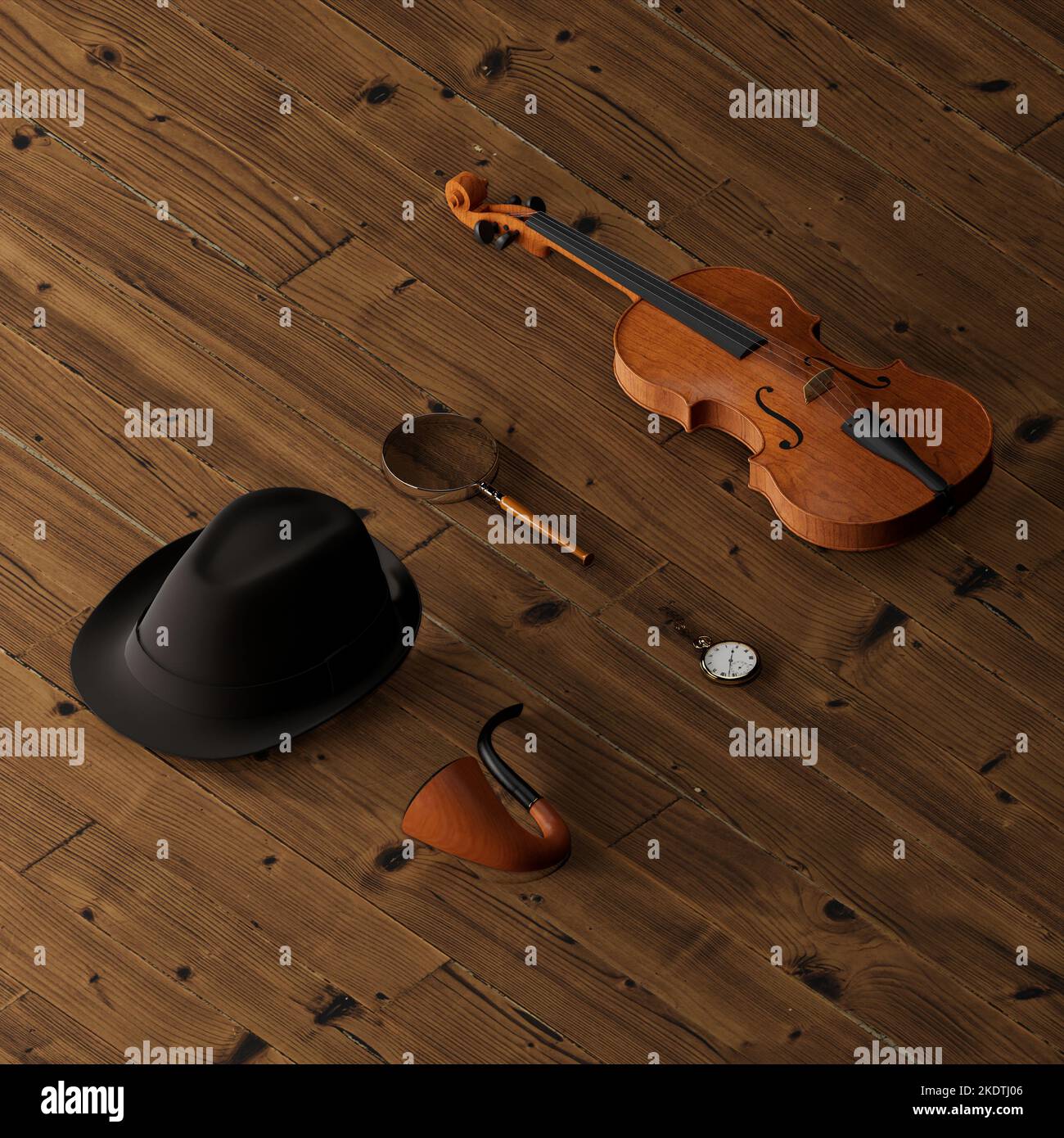 3D RENDERING DELLA VISTA ORTOGRAFICA CON I DETECTIVE VINTAGE SU PAVIMENTI IN LEGNO Foto Stock