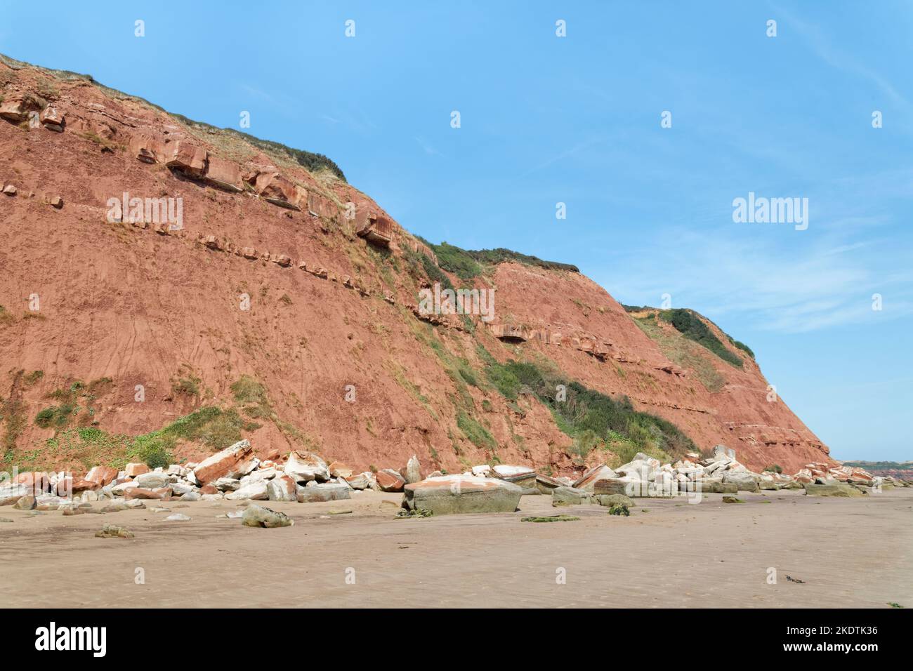 Eroso, crolla rocce costiere di arenaria rossa e rocce cadute tra Orcombe Point e Sandy Bay, Exmouth, Devon, Regno Unito, agosto. Foto Stock