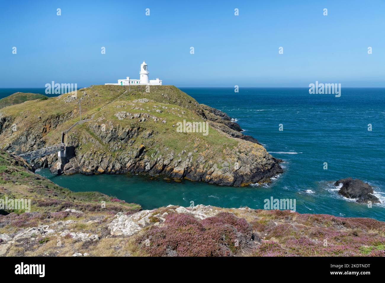 Faro di Strumble Head su Ynys Meicel / St.Michael's Island, vicino a Fishguard, Pembrokeshire, Galles, Regno Unito, Agosto 2022. Foto Stock
