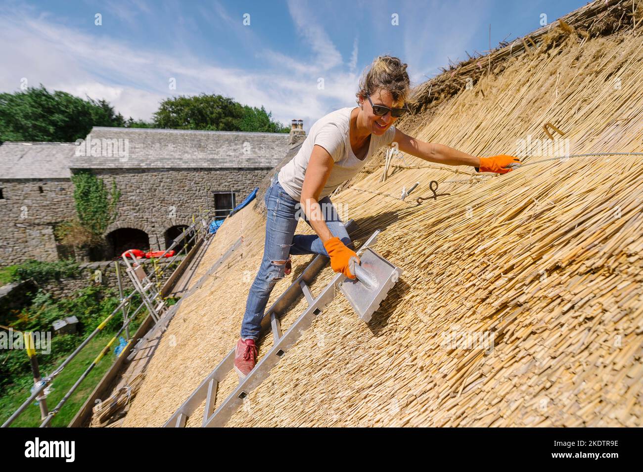 Foto di Jim Wileman - Jane Rush, nella Lower Jurston Farm, vicino a Chagford, Devon. Jane sta strattando il suo tetto. Foto Stock