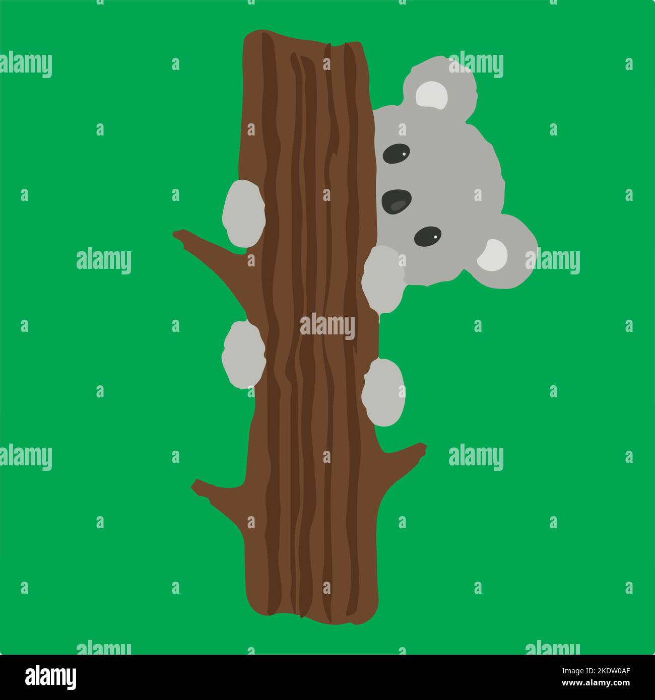 Mini Koala design realizzato su un albero di bambù. Questo design ha uno sfondo verde e linee marroni Foto Stock