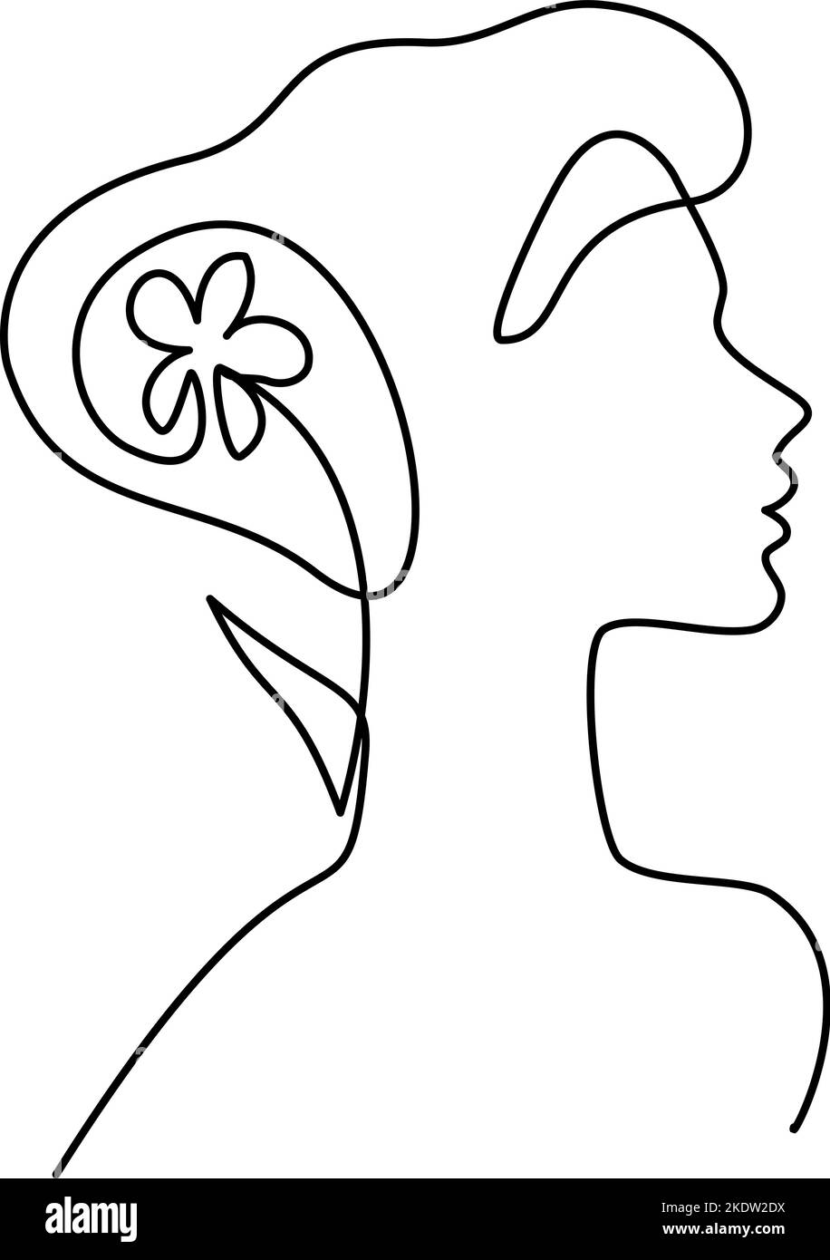 Testa di donna con fiori un disegno di linea Illustrazione Vettoriale