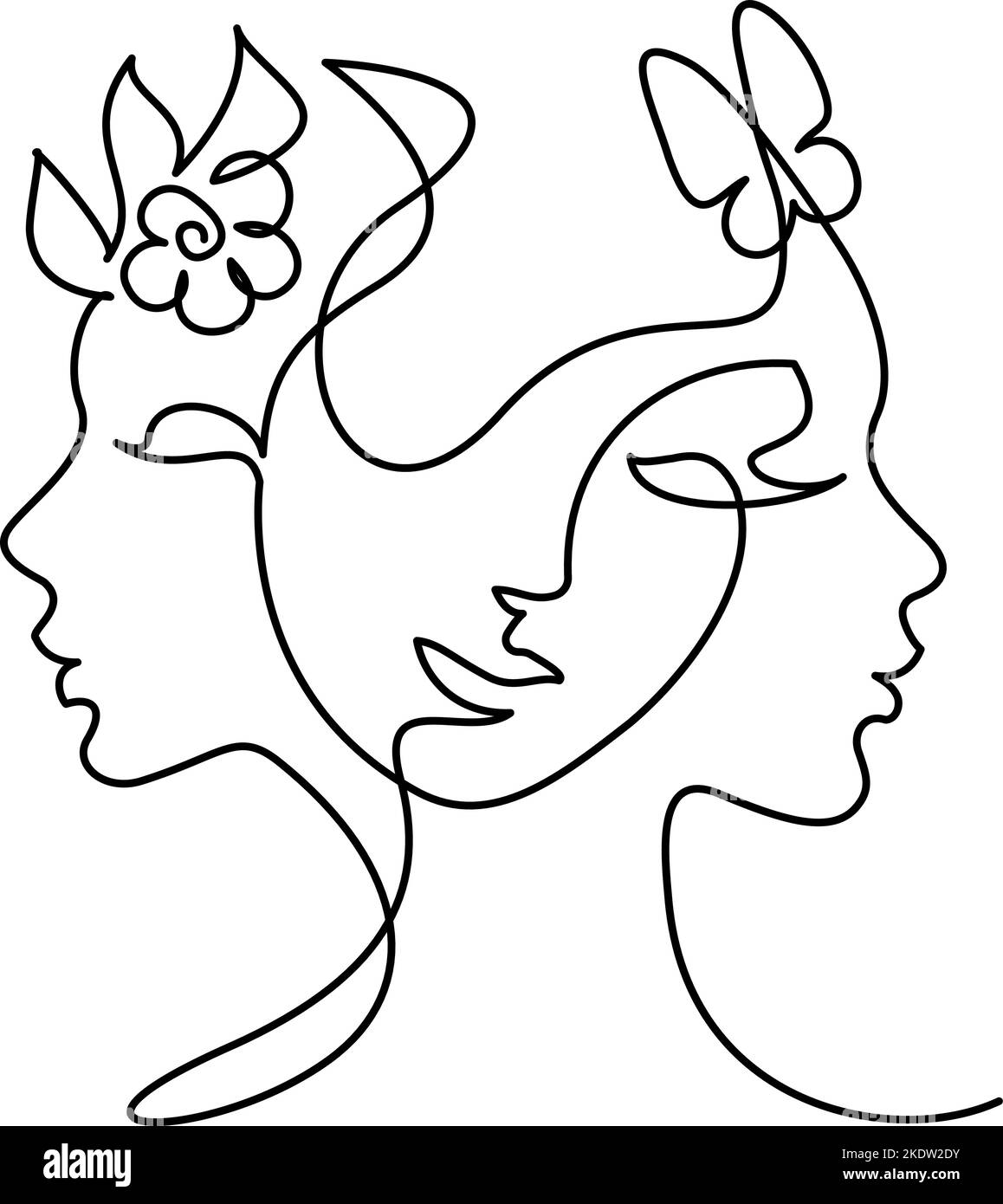 Tre teste di donna con composizione di pianta di fiori Illustrazione Vettoriale