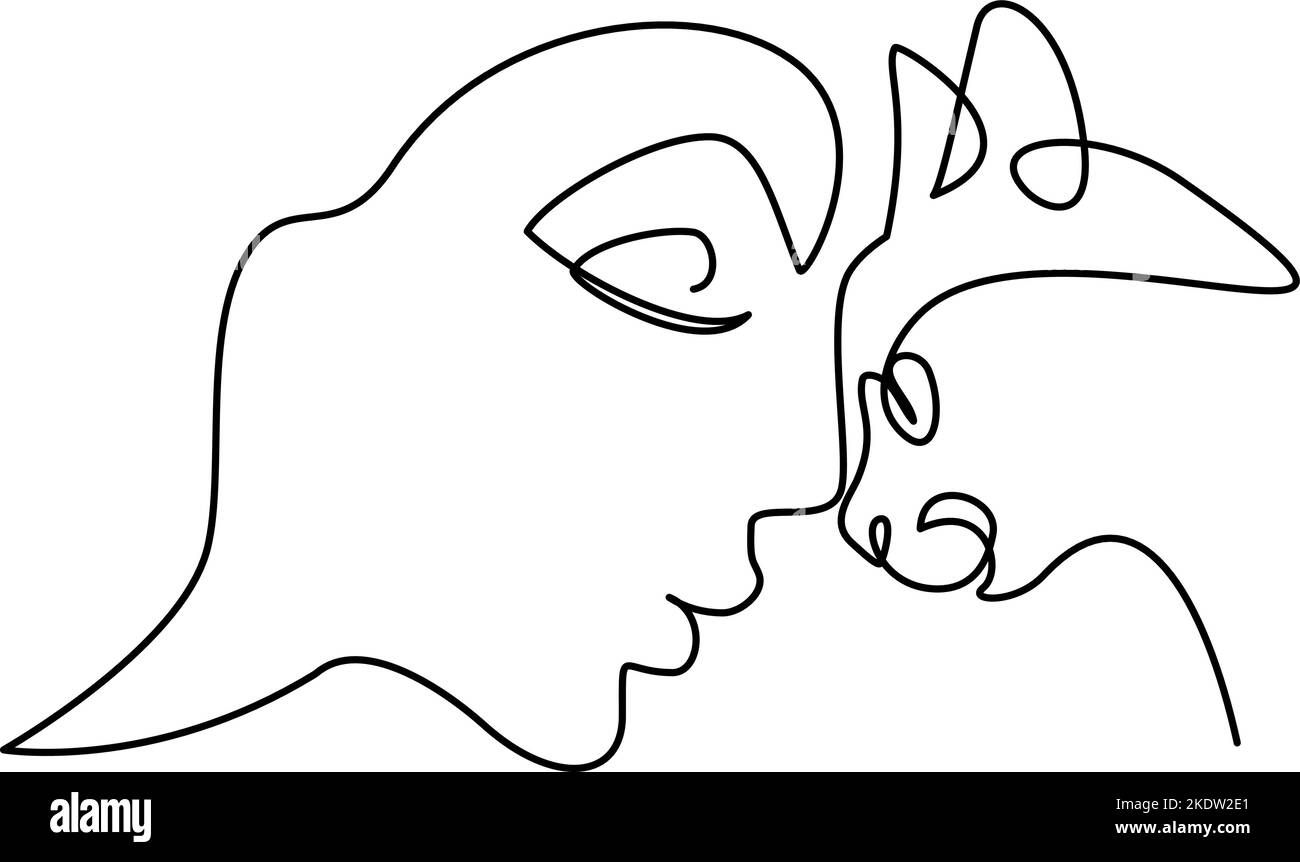 Profilo donna e gatto disegno continuo di una linea. Illustrazione Vettoriale